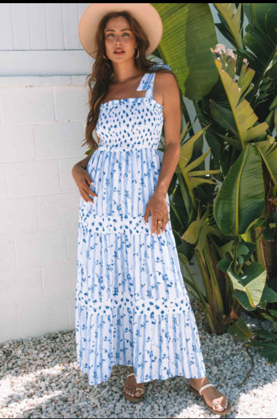 SKY BLUE FLORAL SMOCKED TIED STRAPS MAXI DRESS
