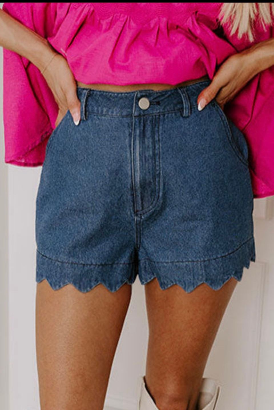 SAIL BLUE SCALLOPED HEMLINE HIGH WAIST DENIM SHORT