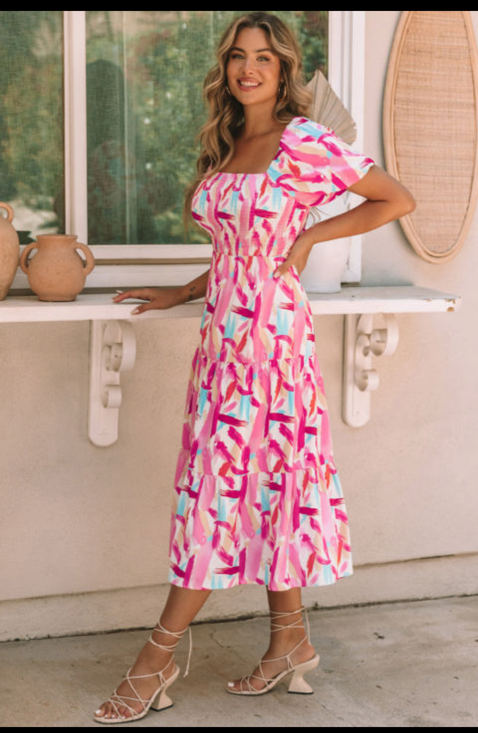 PINK PRINTED SMOCKED  RUFFLE TIERED DRESS