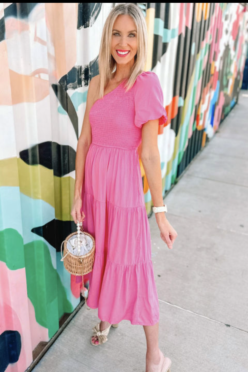 PINK ASYMMETRIC PUFF SLEEVE TIERED MIDI DRESS