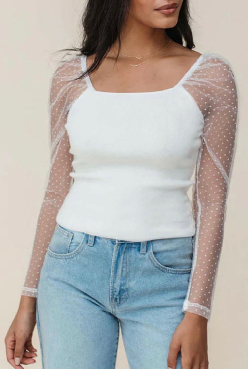WHITE SWISS DOT MESH LONG SLEEVE SQUARE NECK SLIM TOP
