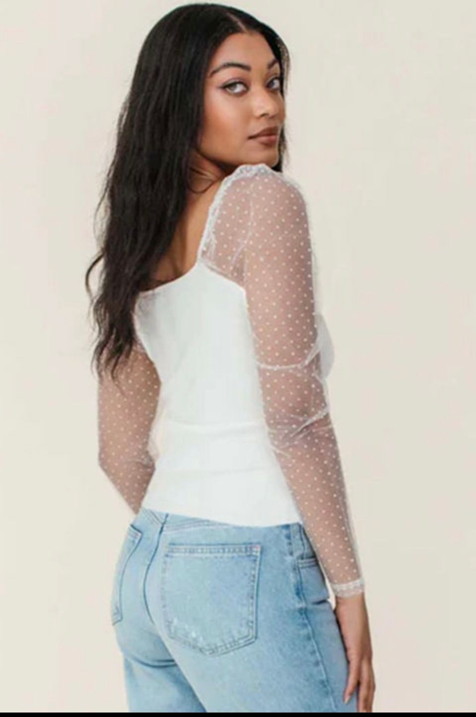 WHITE SWISS DOT MESH LONG SLEEVE SQUARE NECK SLIM TOP