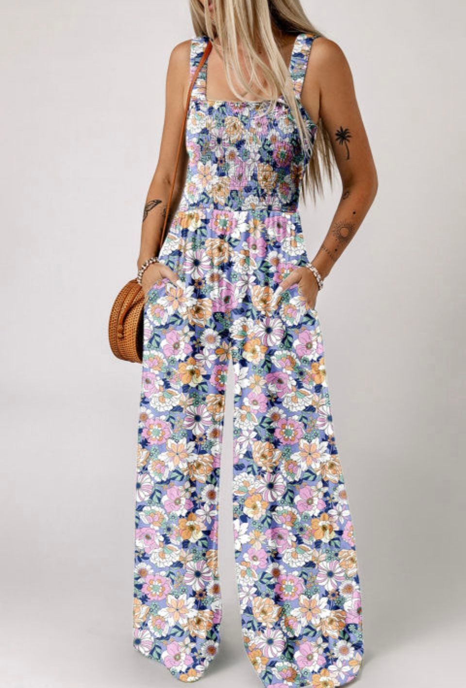 PURPLE FLORAL PRINT SQUARE NECK JUMPSUIT