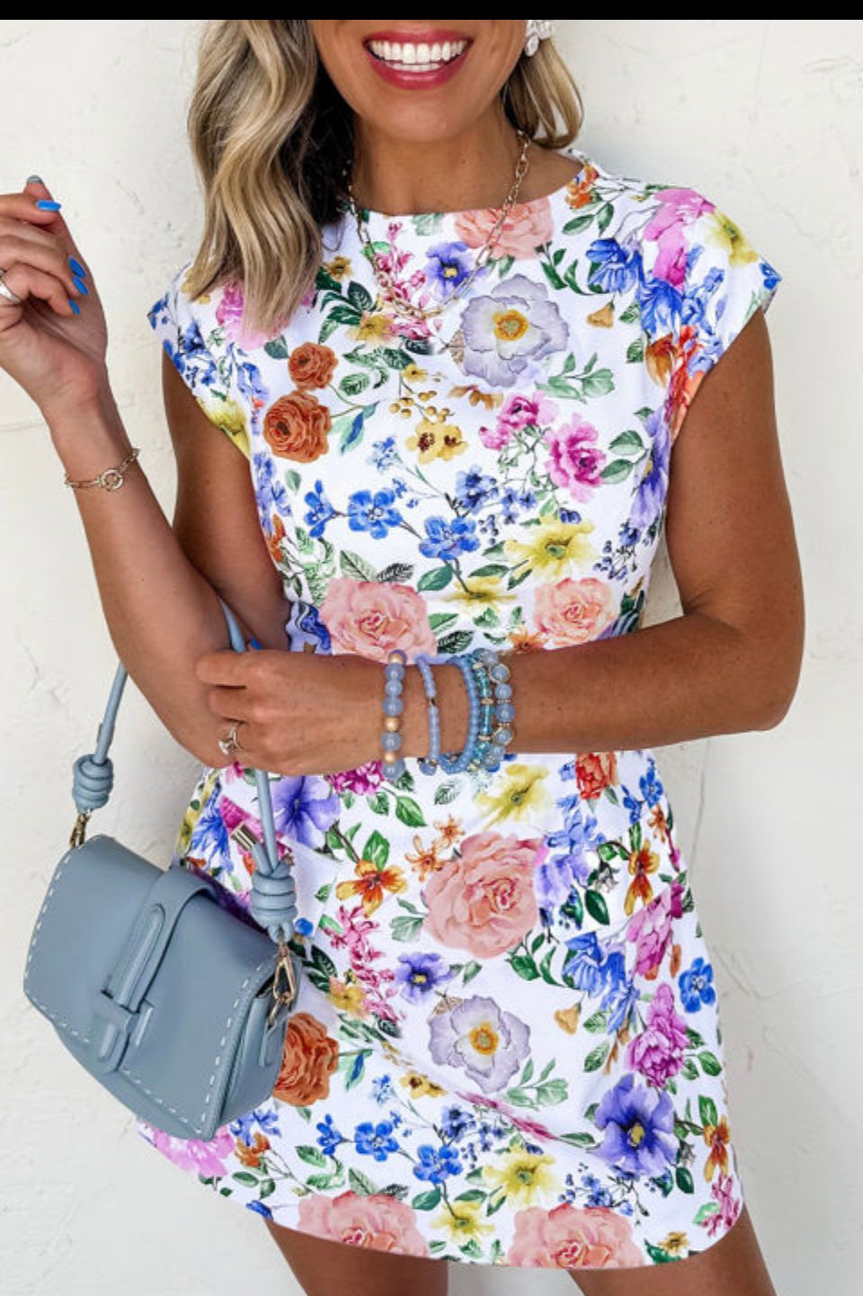 SKY BLUE VIBRANT FLORAL PRINT CAP SLEEVE MINI DRESS