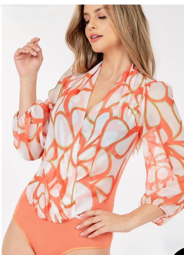 3/4 SLEEVE SURPLICE MULTI PRINT BODYSUIT