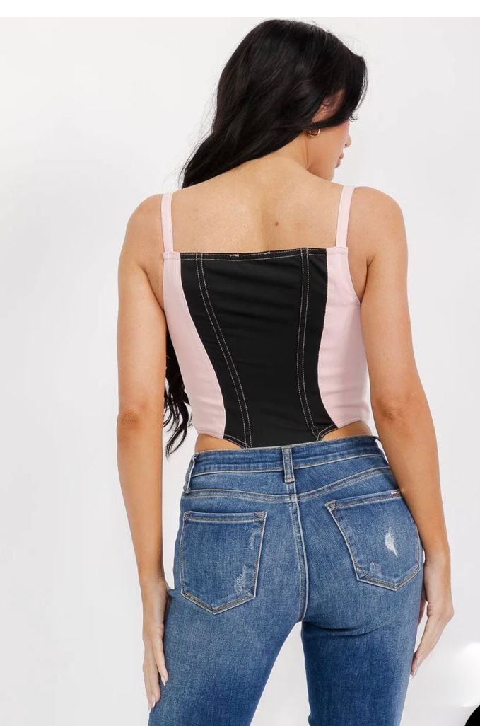 SLEEVELESS ZIP UP COLOR BLOCK DENIM CONTRAST BODYSUIT