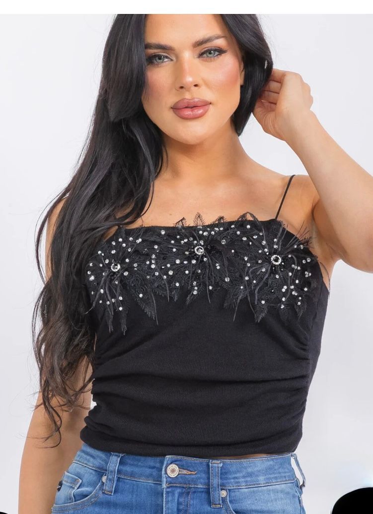 SLEEVELESS RUSHED STUDS DETAILED TANK TOP-BLACK
