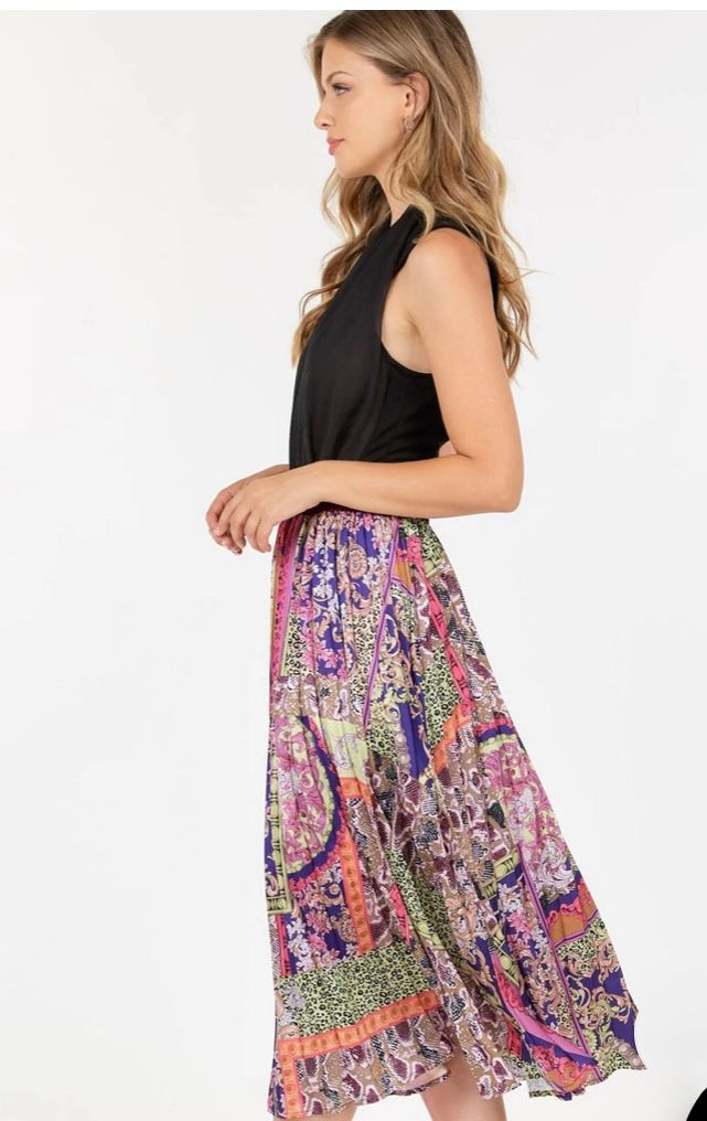 ELASTIC WAIST MULTI PRINT PLEATED MIDI SKIRT