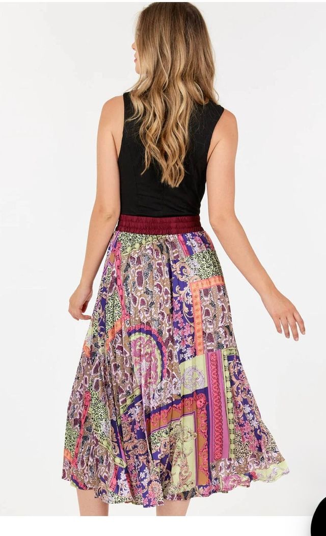 ELASTIC WAIST MULTI PRINT PLEATED MIDI SKIRT