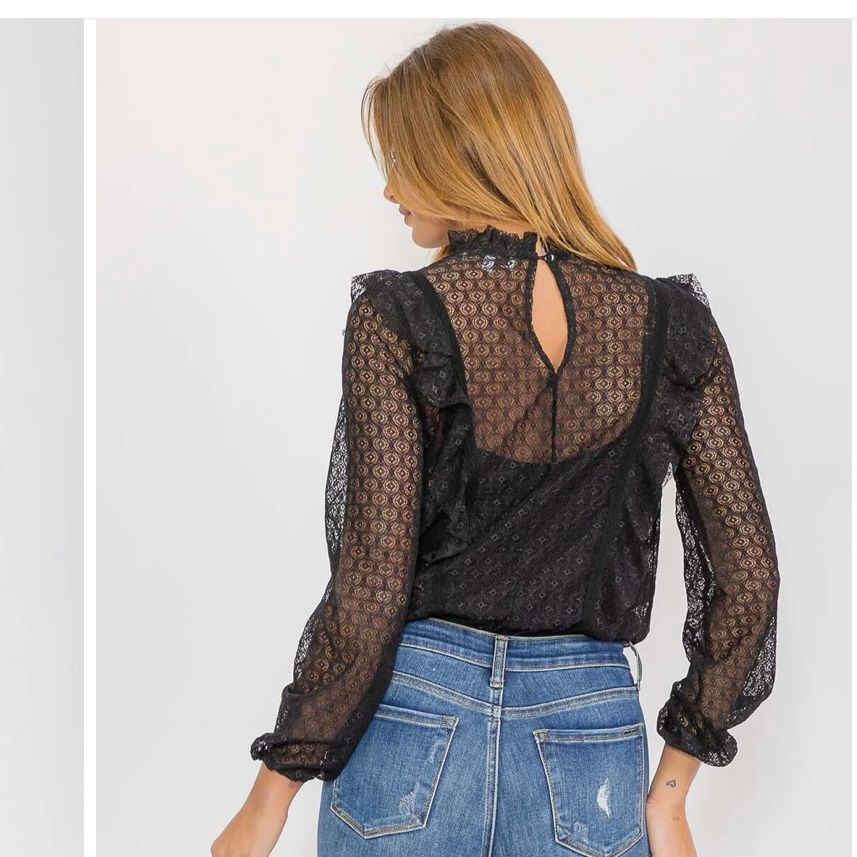LONG SLEEVE RUFFLE  LACE BODYSUIT-BLACK
