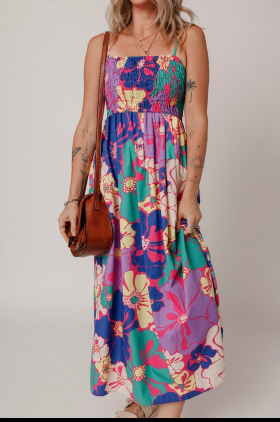 PURPLE FLORAL PRINT SHIRRED SPAGHETTI STRAP MAXI DRESS