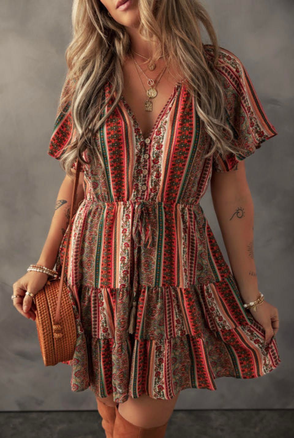 RED BOHEMIAN FLORAL PRINT BUTTONED V NECK DRESS