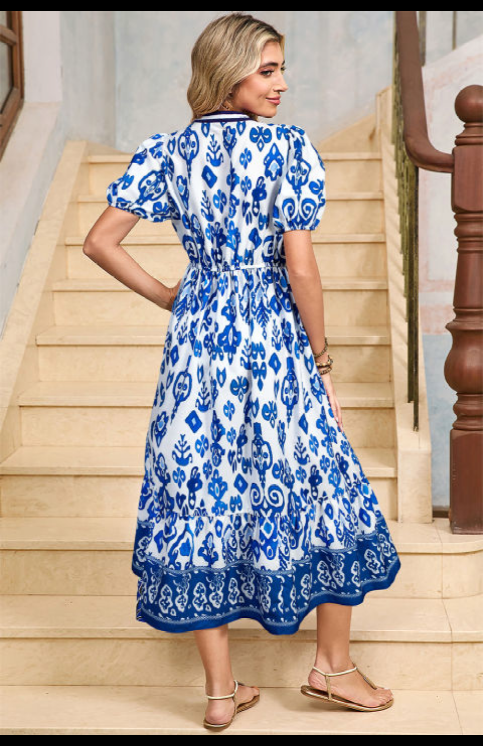 BLUE AND WHITE PATTERN V NECK MAXI DRESS