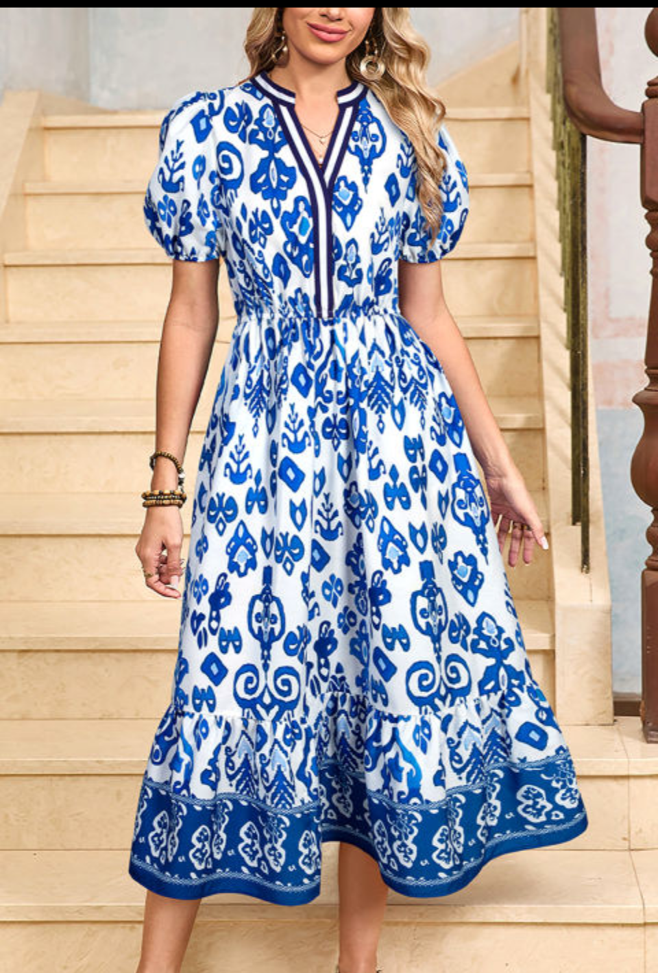 BLUE AND WHITE PATTERN V NECK MAXI DRESS