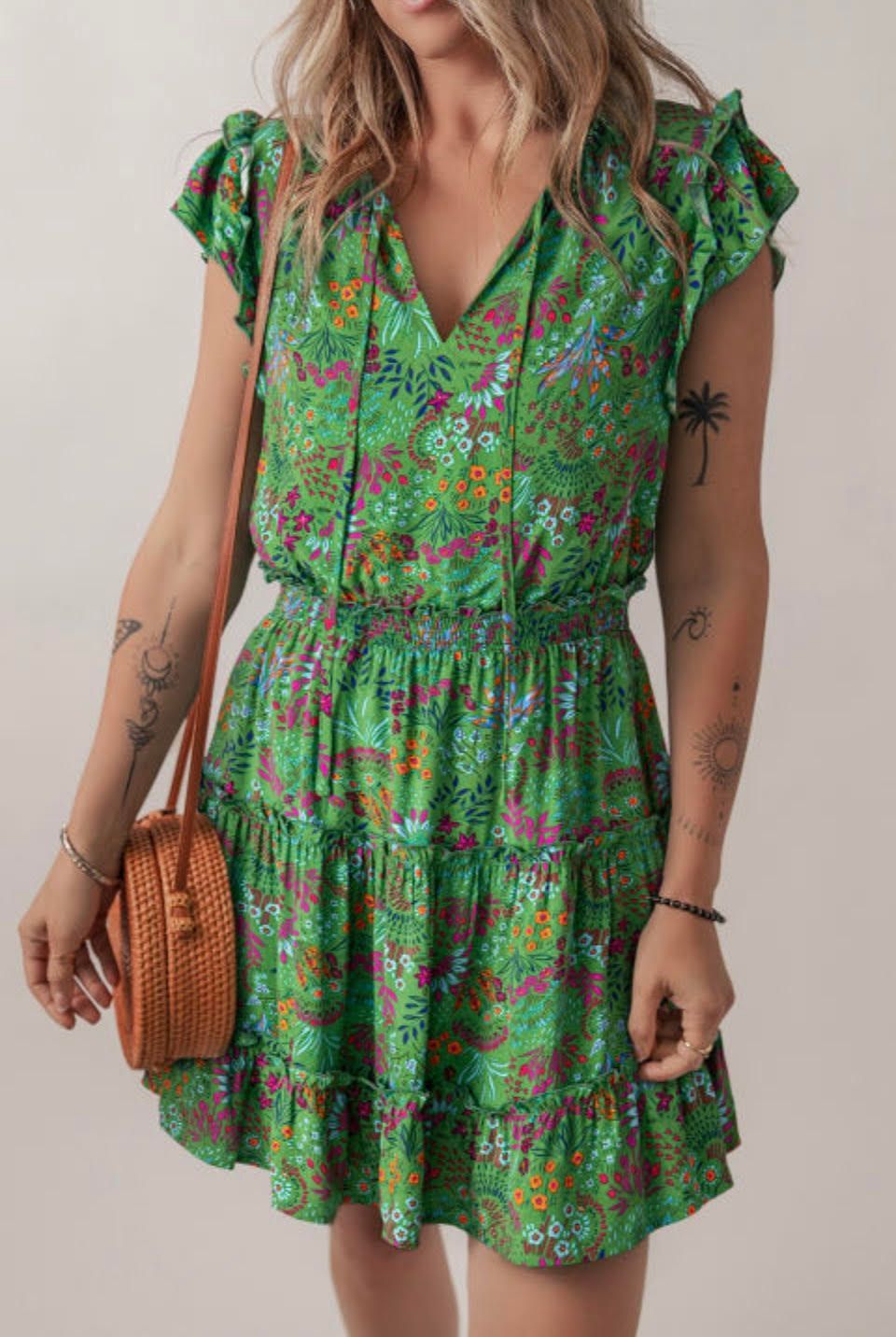 GREEN FLORAL TIE SPLIT NECK FRILLY RUFFLE TIERED SHORT DRESS