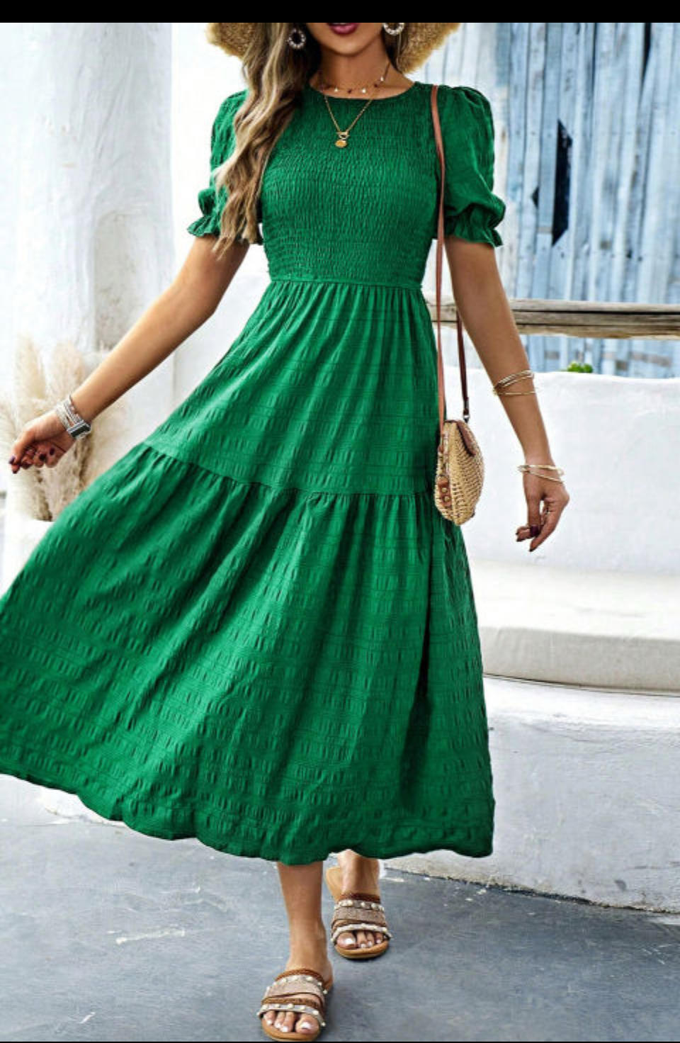 DARK GREEN PUFF SHORT SLEEVE HIGH WAIST DRESS