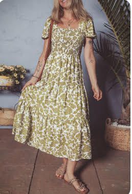 YELLOW BOHO FLORAL SQUARE NECK DRESS