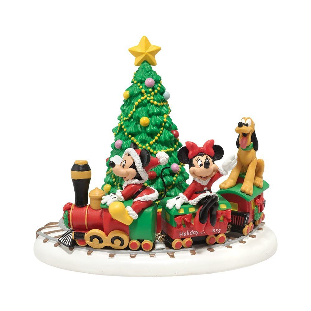Mickey en Minnie Mouse in een kersttrein, samen met Pluto. Op de achtergrond staat een kerstboom.