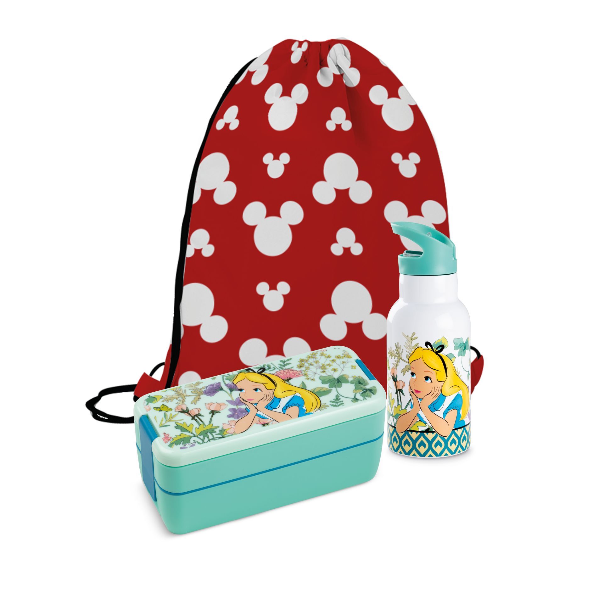Rugzak met rode Mickey Mouse-print, turquoise lunchbox, waterfles met Alice in Wonderland-print.