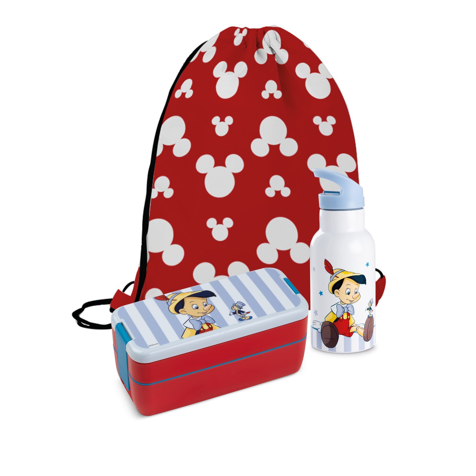 Pinocchio lunchset: rode lunchbox, waterfles, tas met trekkoord, allemaal met Mickey Mouse- en Pinocchio-ontwerpen.