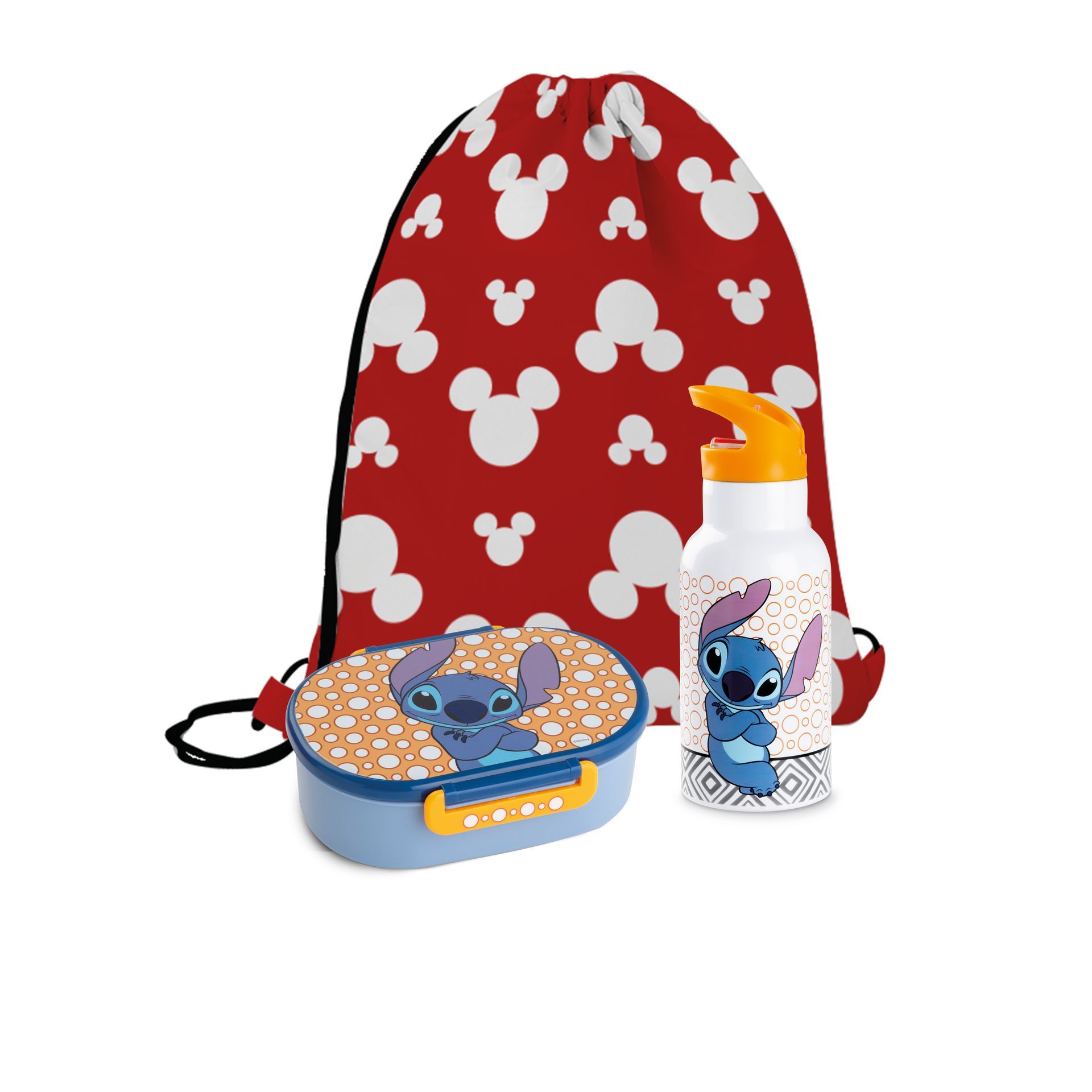 Lunchset: rode Mickey Mouse-tas met trekkoord, Stitch-lunchbox en waterfles.