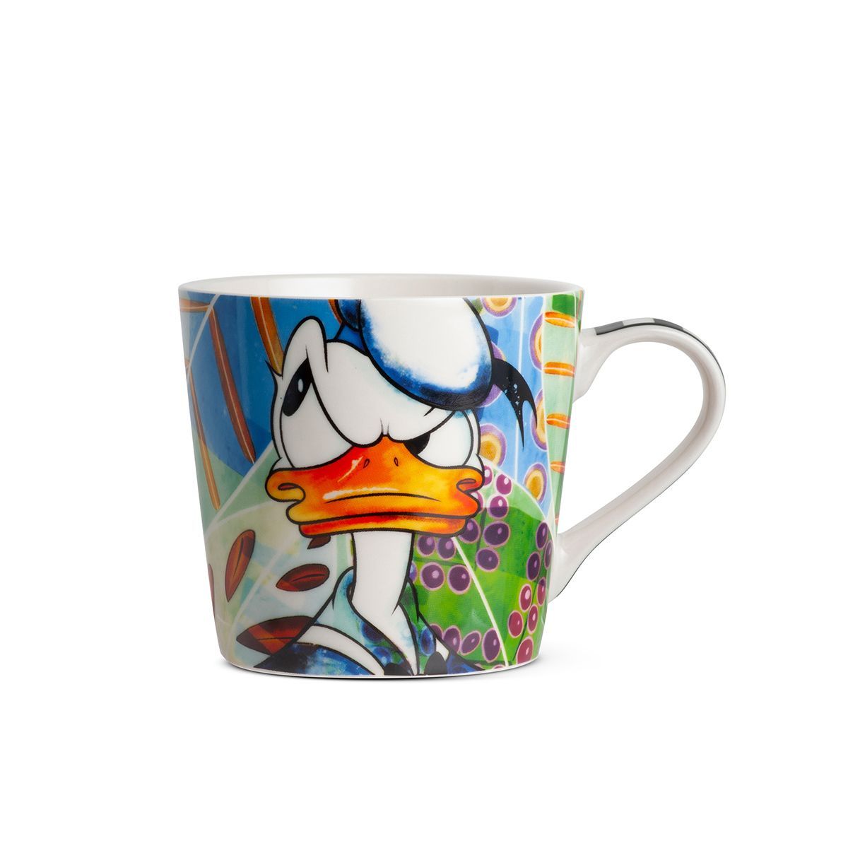 Mok met een cartoonafbeelding van Donald Duck, een kleurrijke abstracte achtergrond, een wit handvat en een chagrijnige uitdrukking.