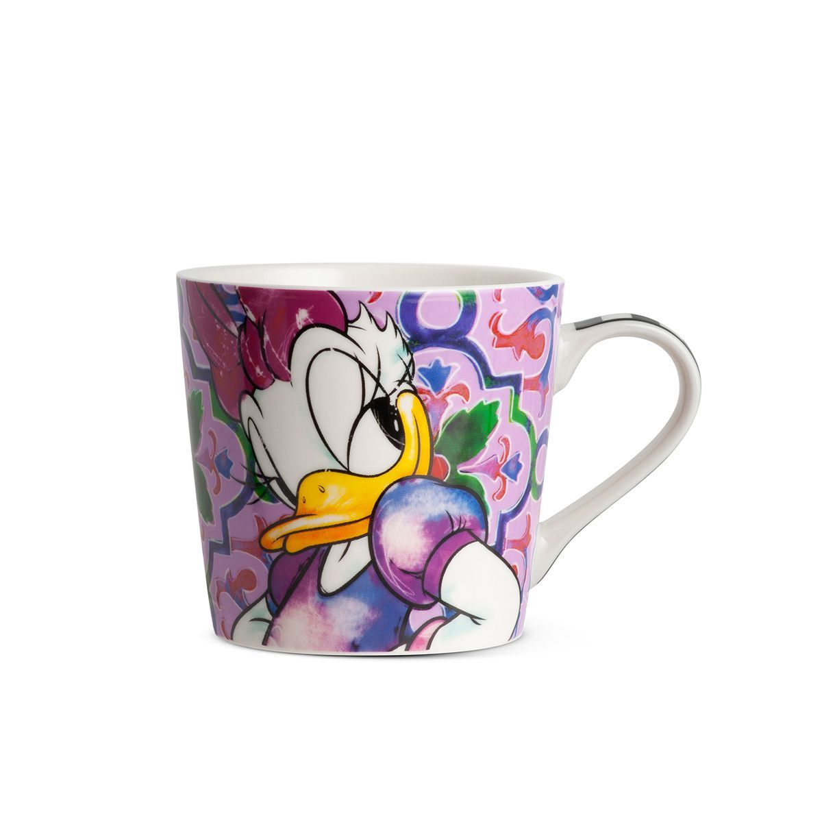 Mok met Daisy Duck-print en een paars bloemenmotief.