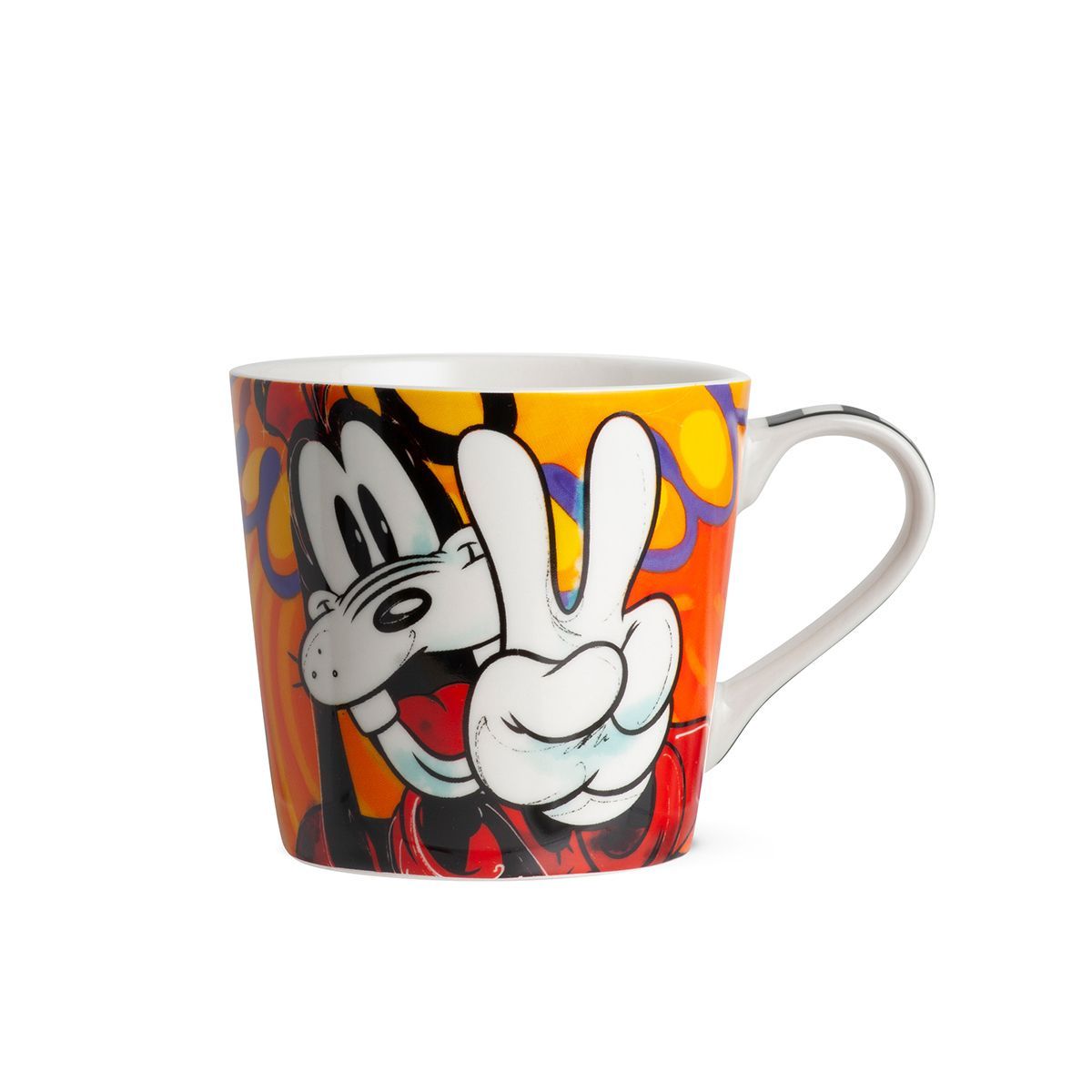 Mok met een kleurrijk ontwerp van Goofy die een vredesteken maakt.