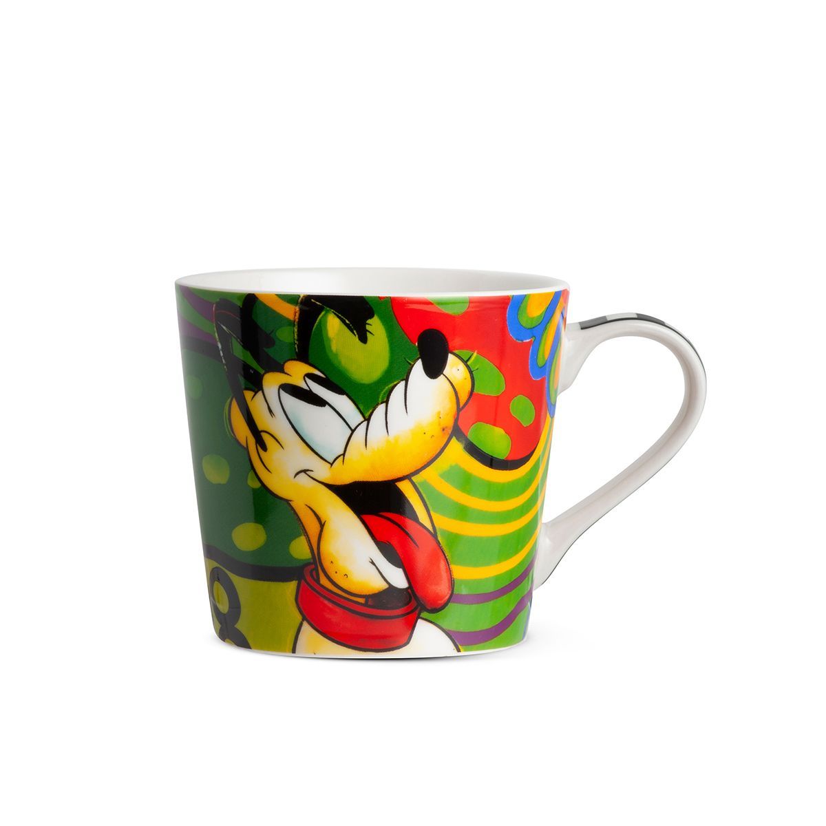 Mok met een grappig, abstract ontwerp. Goofy steekt zijn tong uit en lacht.