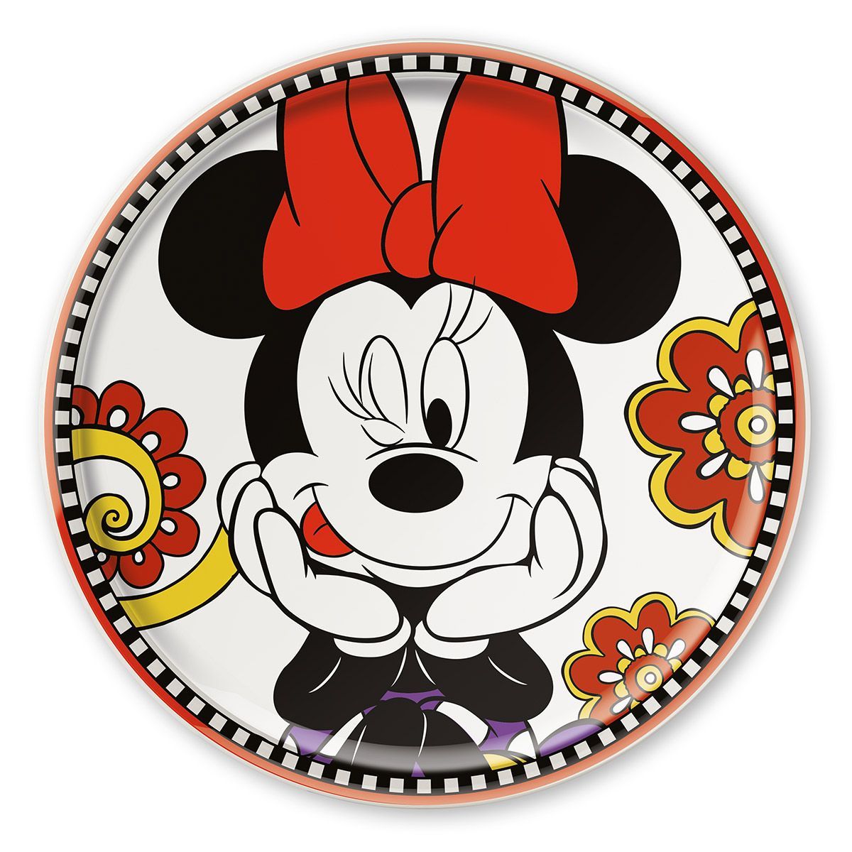 Een bord met een knipoog van Minnie Mouse, die een rode strik draagt, omringd door bloemen en een zwart-witte rand.