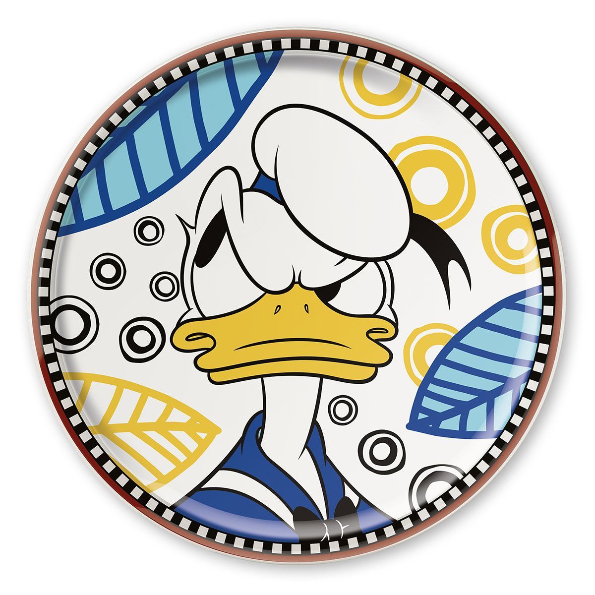 Donald Duck-bord met blauwe, gele en zwarte patronen.