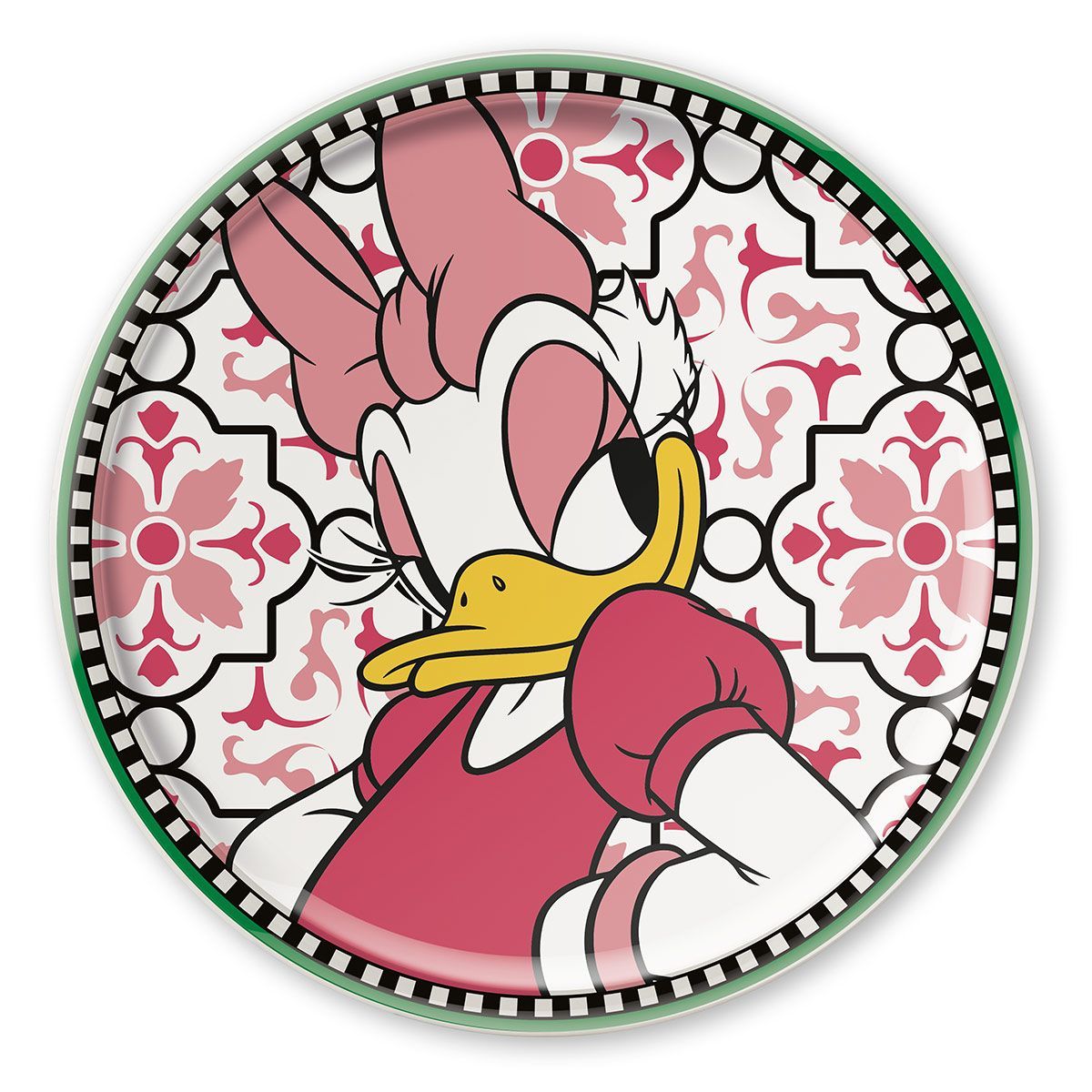 Daisy Duck op een decoratief bord met een roze en witte bloemenprint.