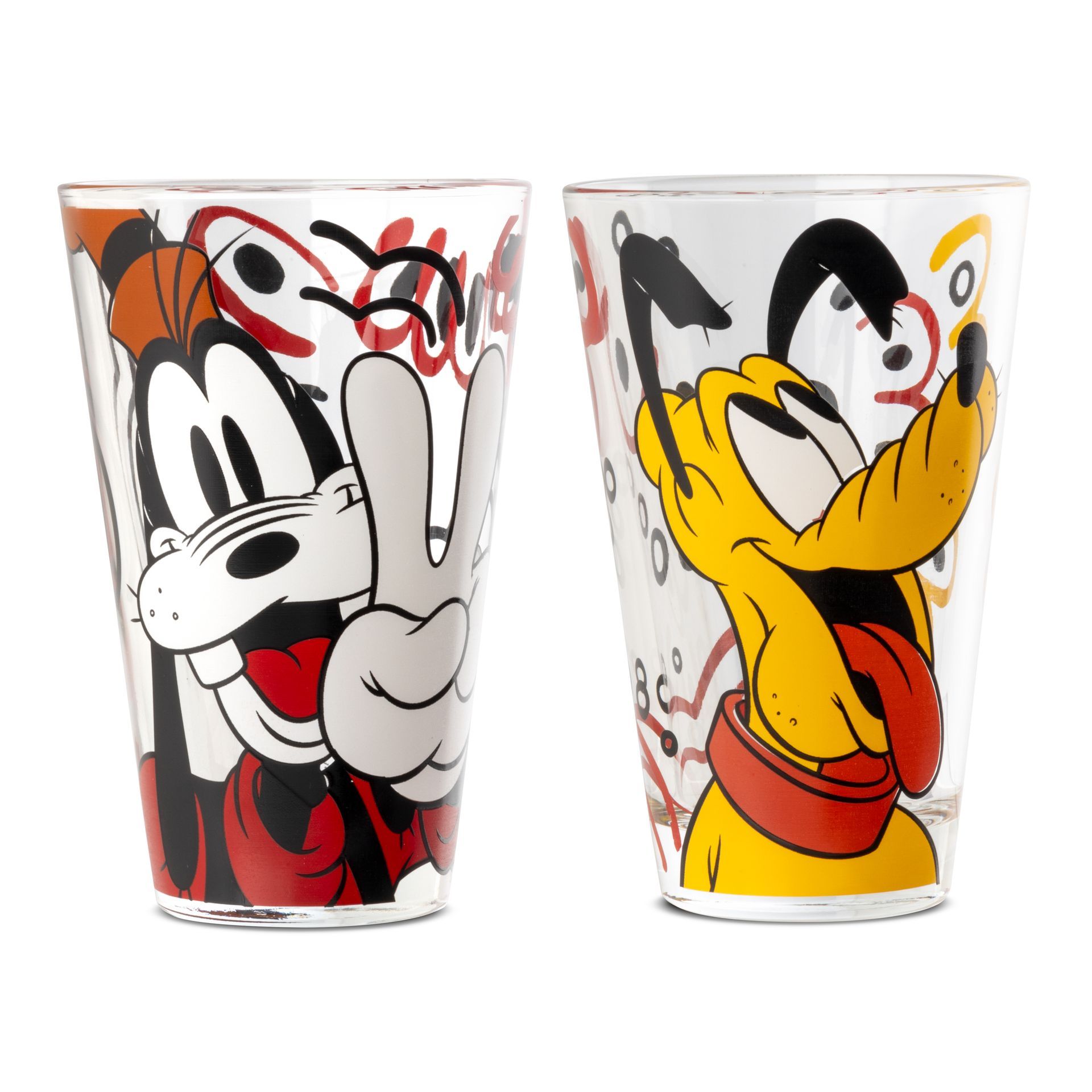 Twee doorzichtige glazen met stripfiguren: Goofy die een vredesteken maakt en Pluto die lacht.