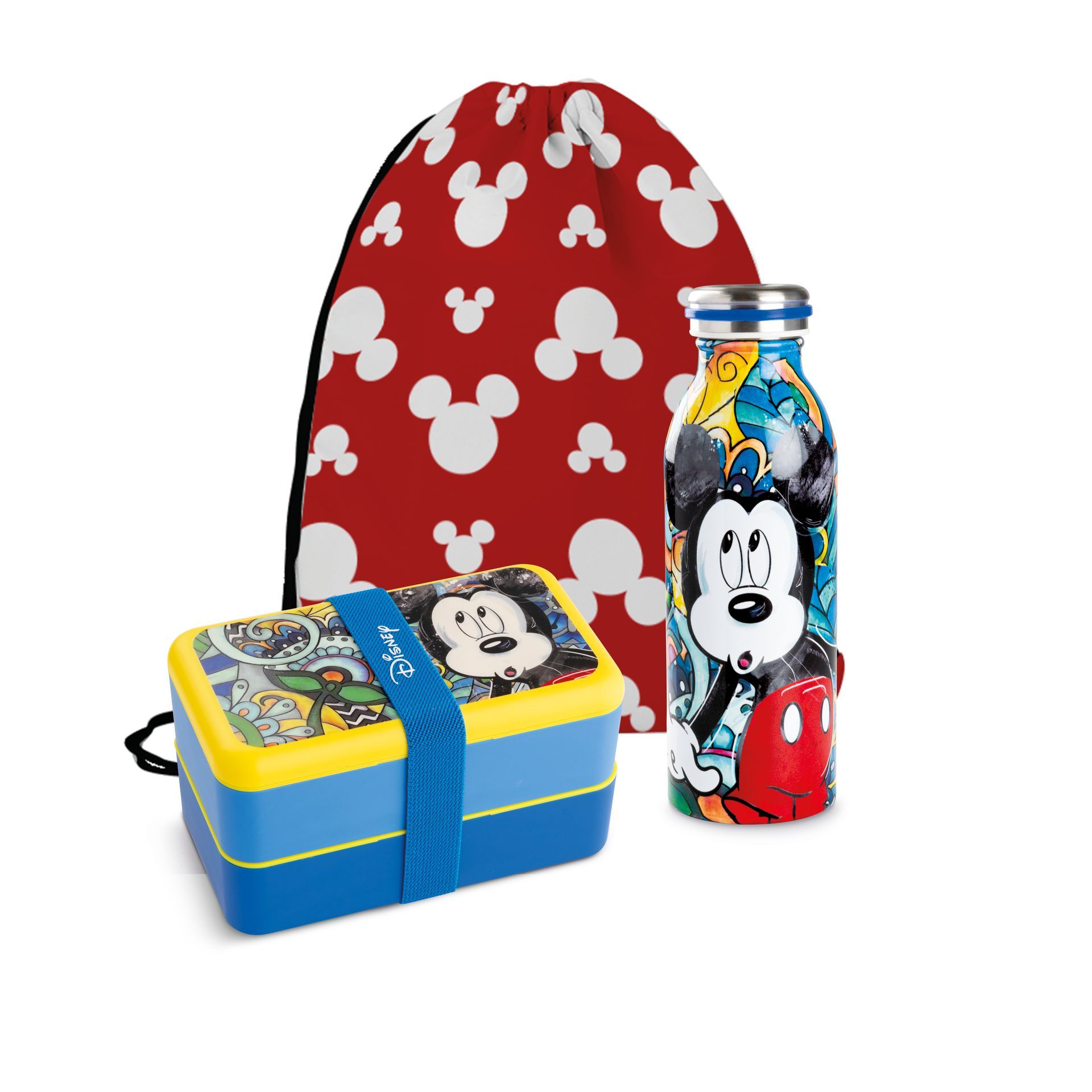 Mickey Mouse lunchset: lunchbox, waterfles en tas met trekkoord, bedrukt met rode Mickey-pictogrammen.