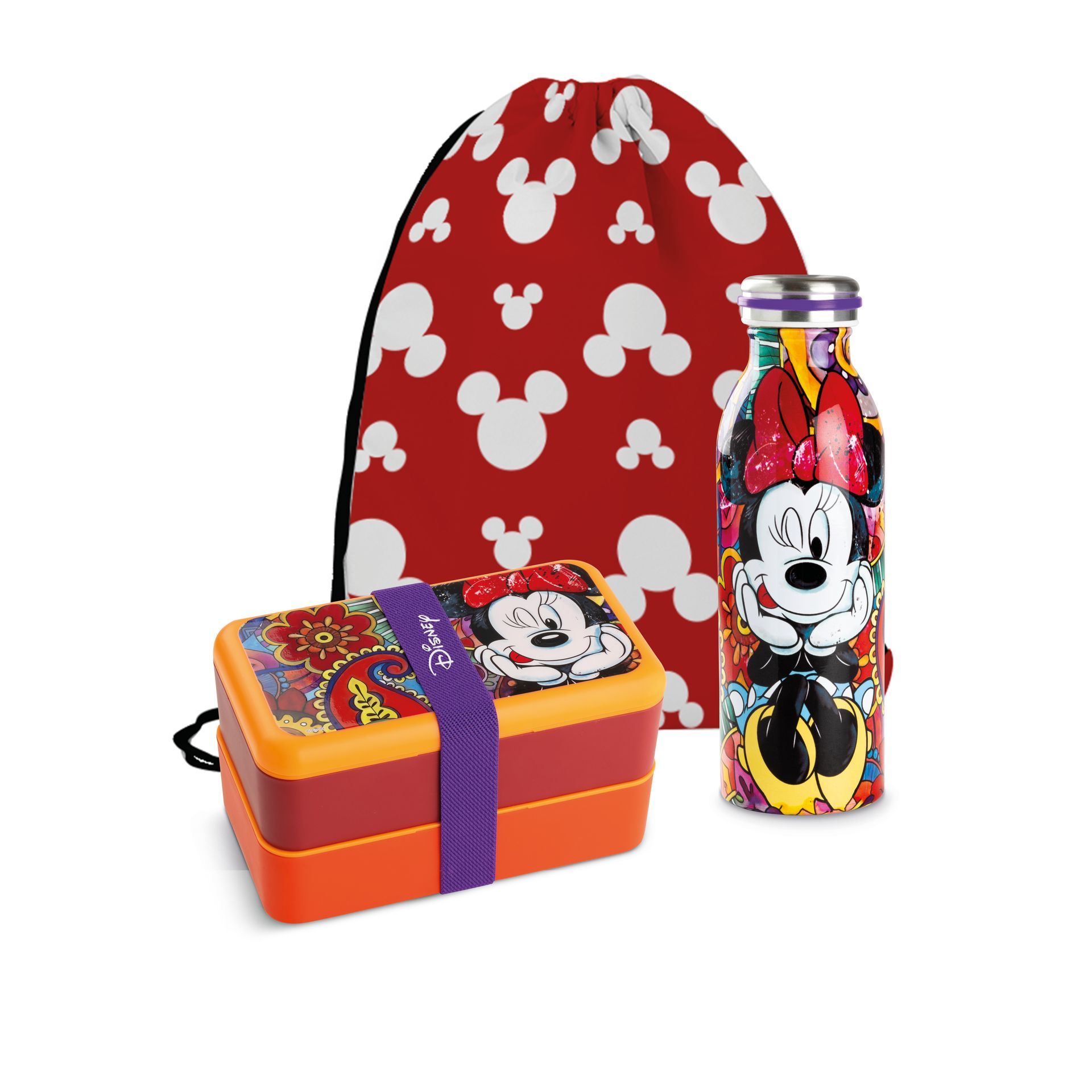 Minnie Mouse lunchset: lunchbox, waterfles, tasje met trekkoord. Rood, wit, oranje en bloemenaccenten.