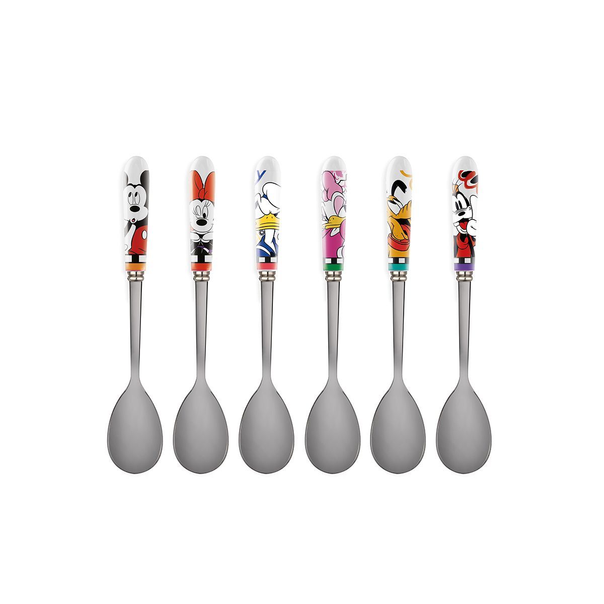 Zes lepels met handvatten van stripfiguren.