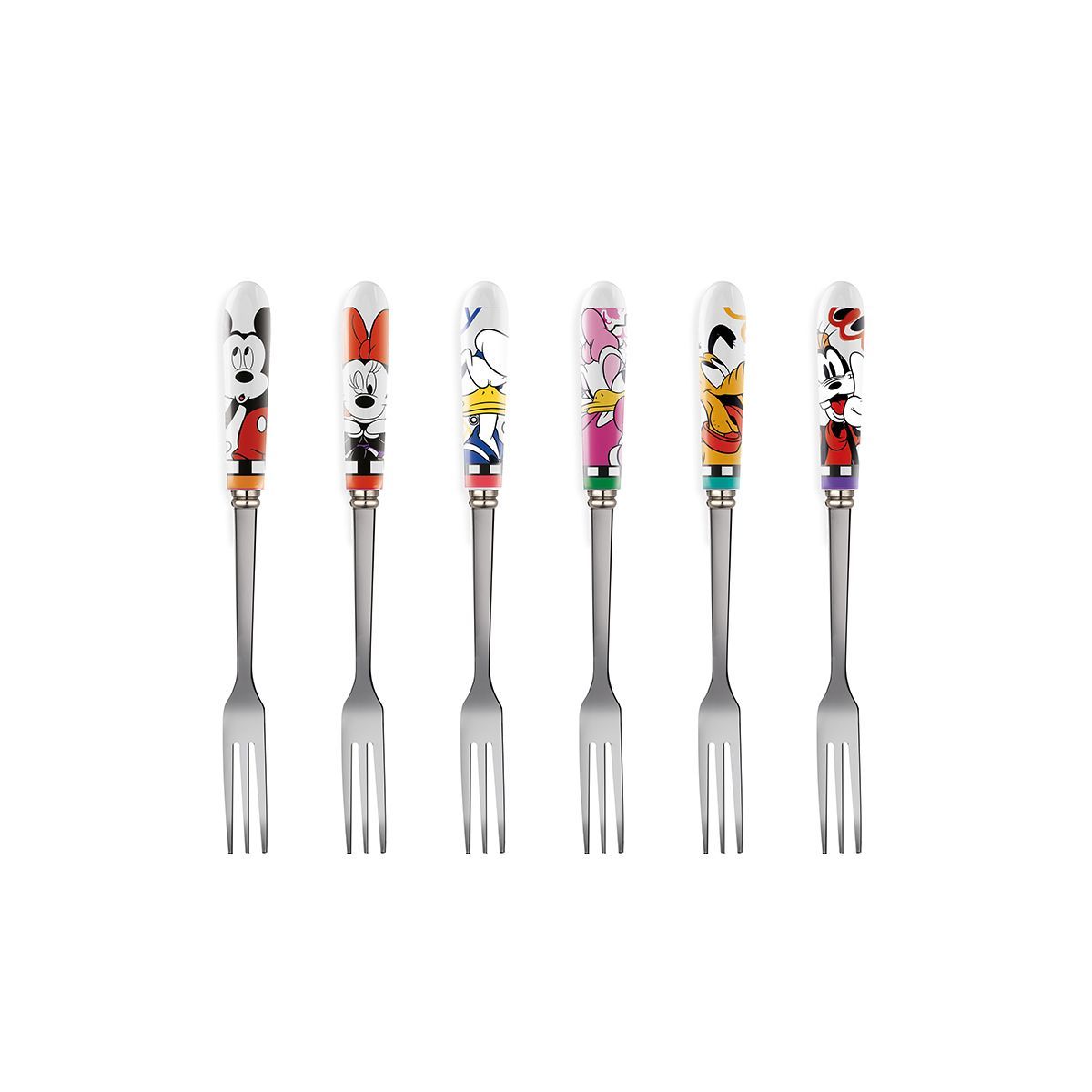 Zes dessertvorkjes met handvatten in de vorm van stripfiguren.