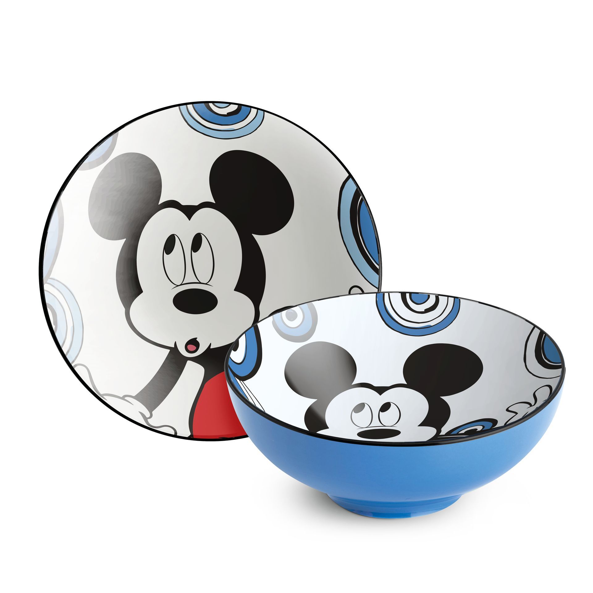 Een bord- en kommenset met Mickey Mouse-thema.