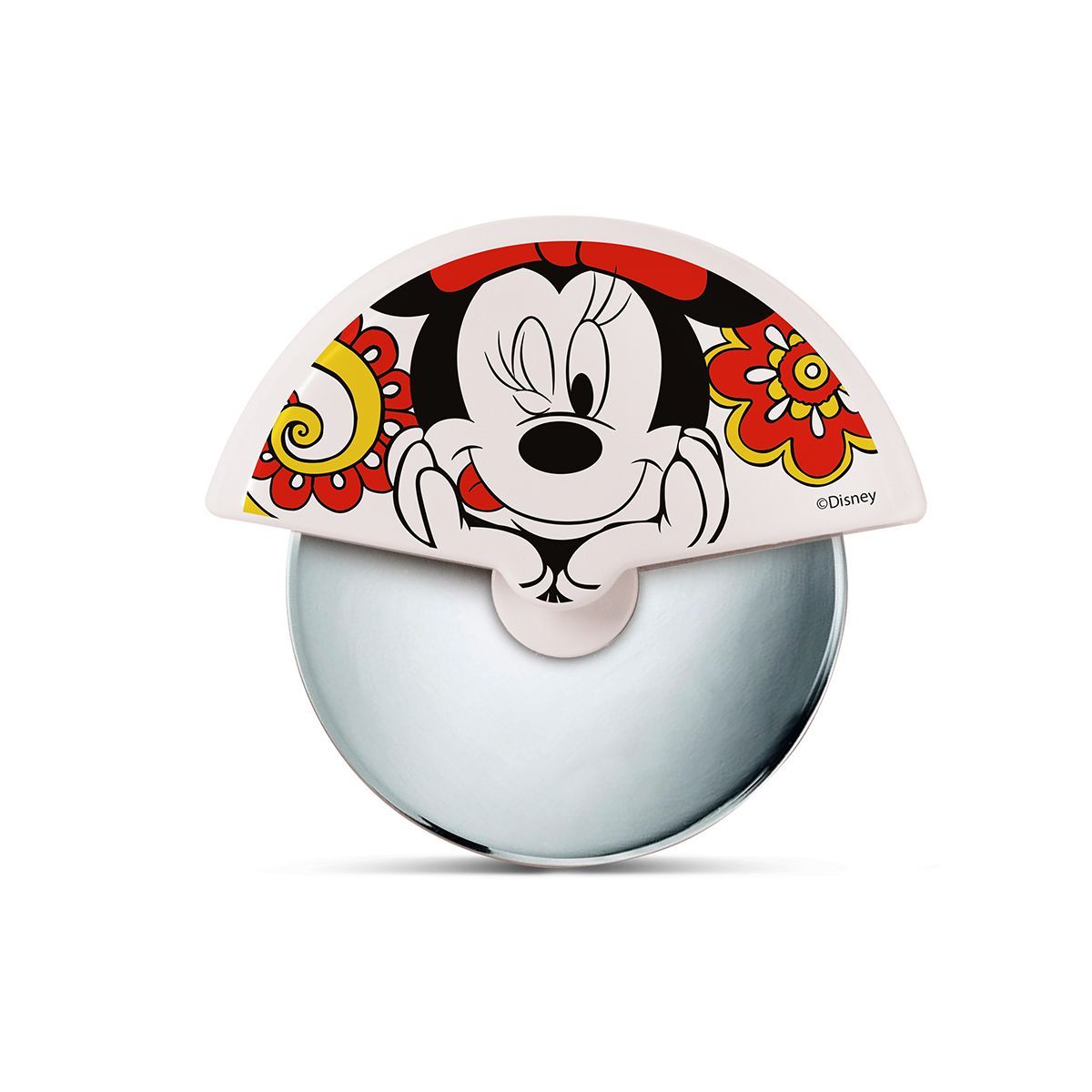 Pizzasnijder in Minnie Mouse-stijl met een wit handvat en een roestvrijstalen wieltje.
