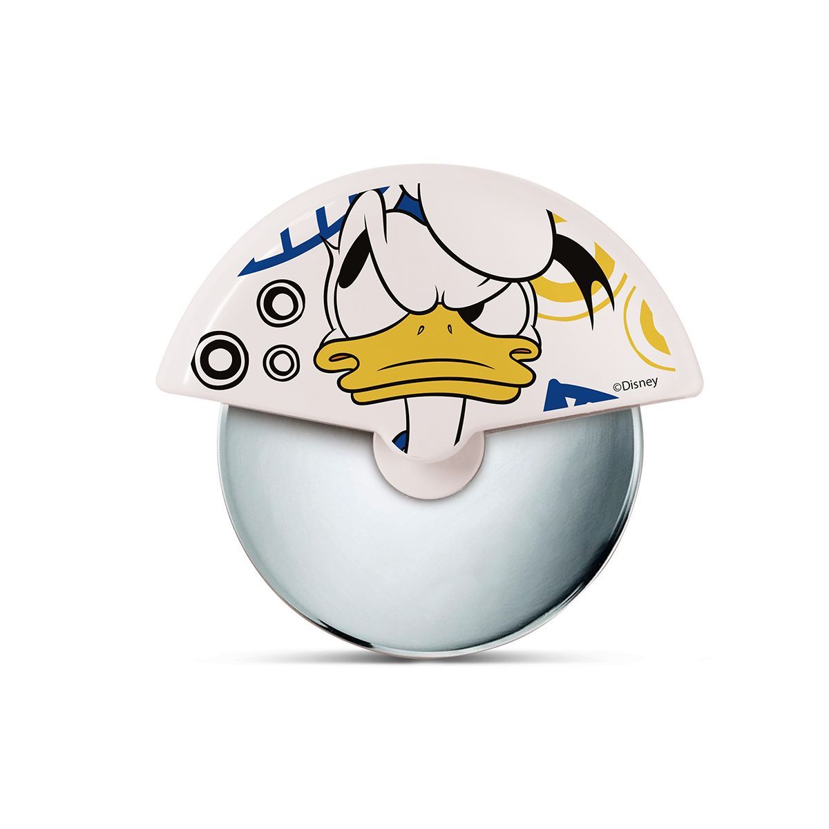 Pizzasnijder met Donald Duck-motief. Wit handvat, rond mes.