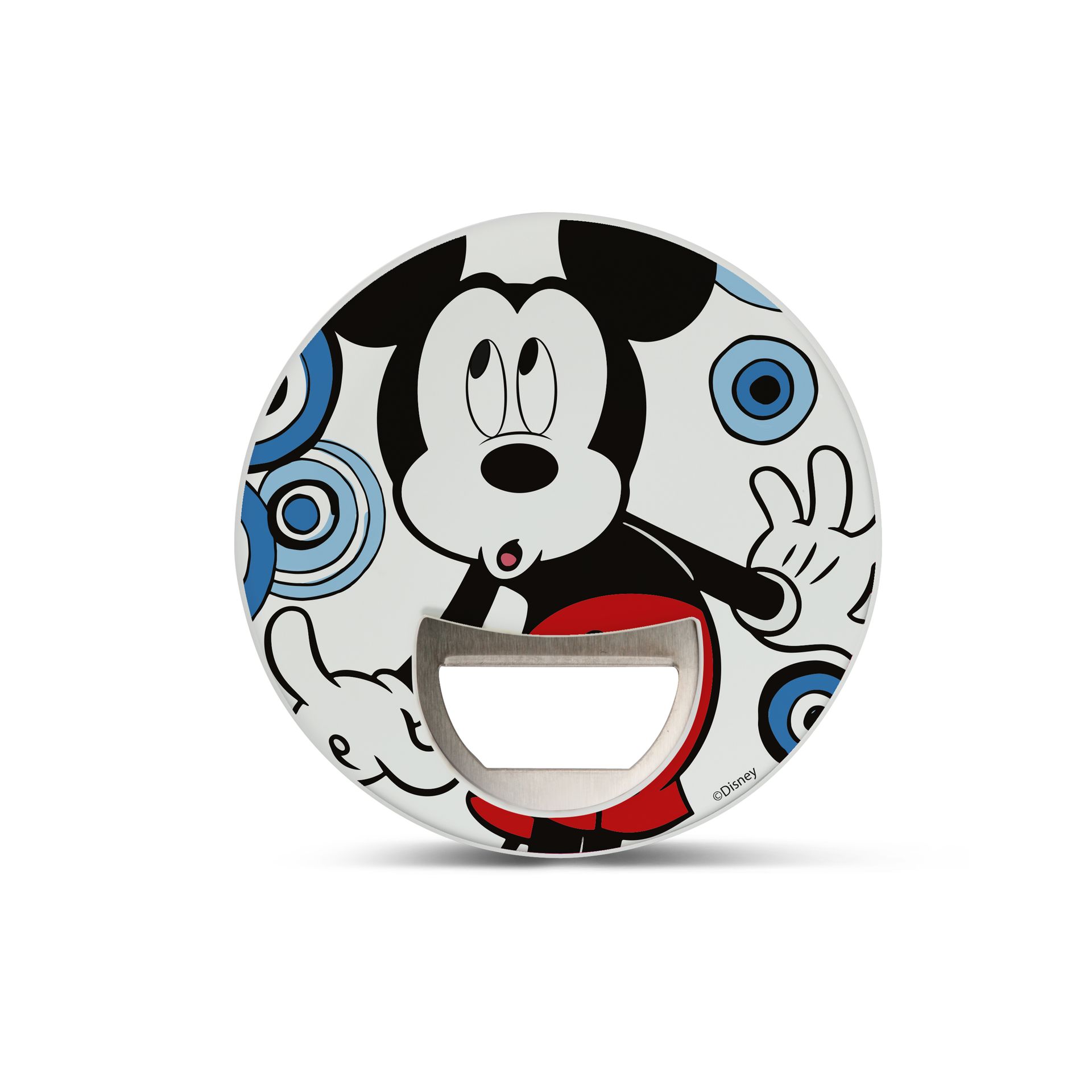 Flesopener in de vorm van Mickey Mouse met witte, zwarte, blauwe en rode details.