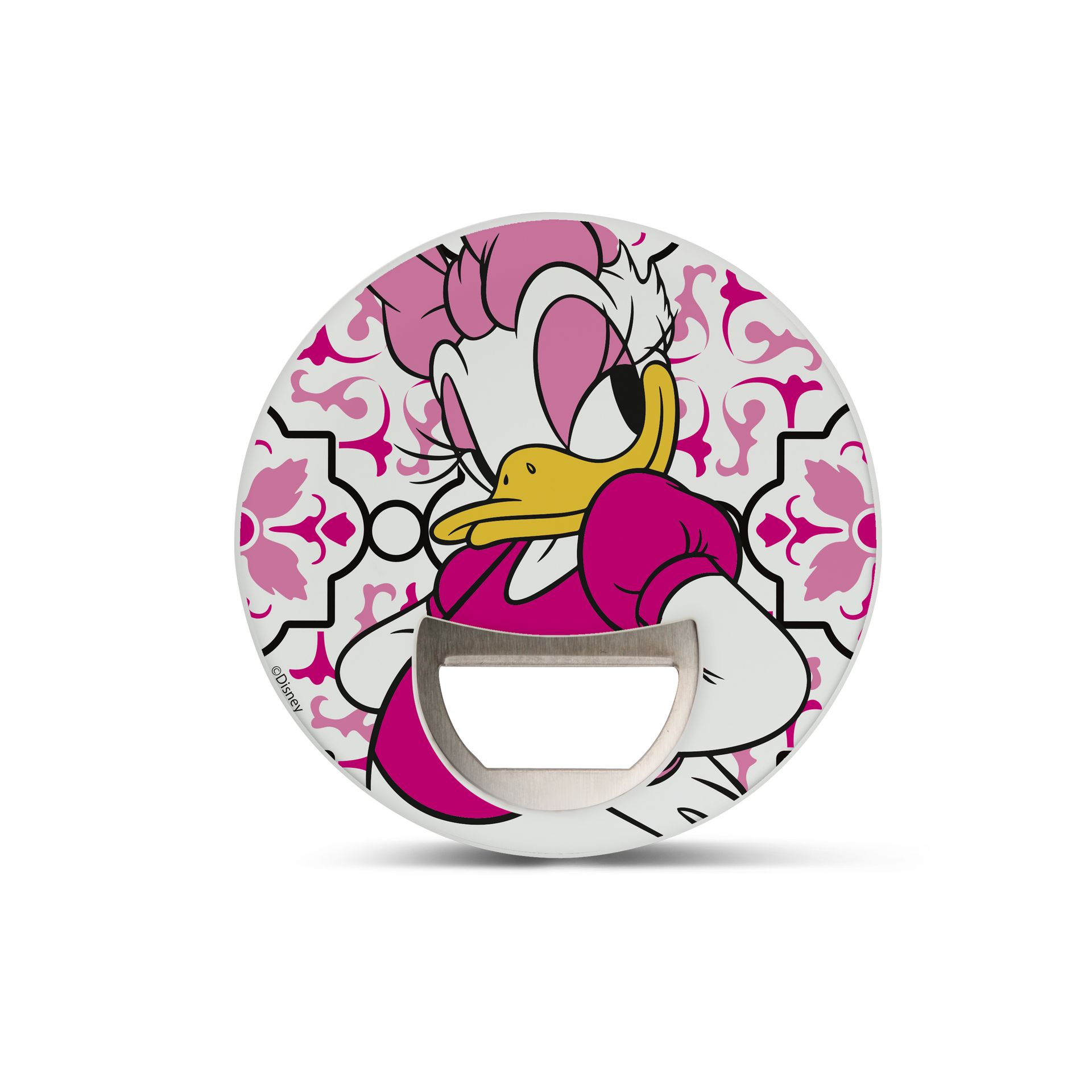 Flesopener in de vorm van een Daisy Duck met een roze en witte bloemenachtergrond.