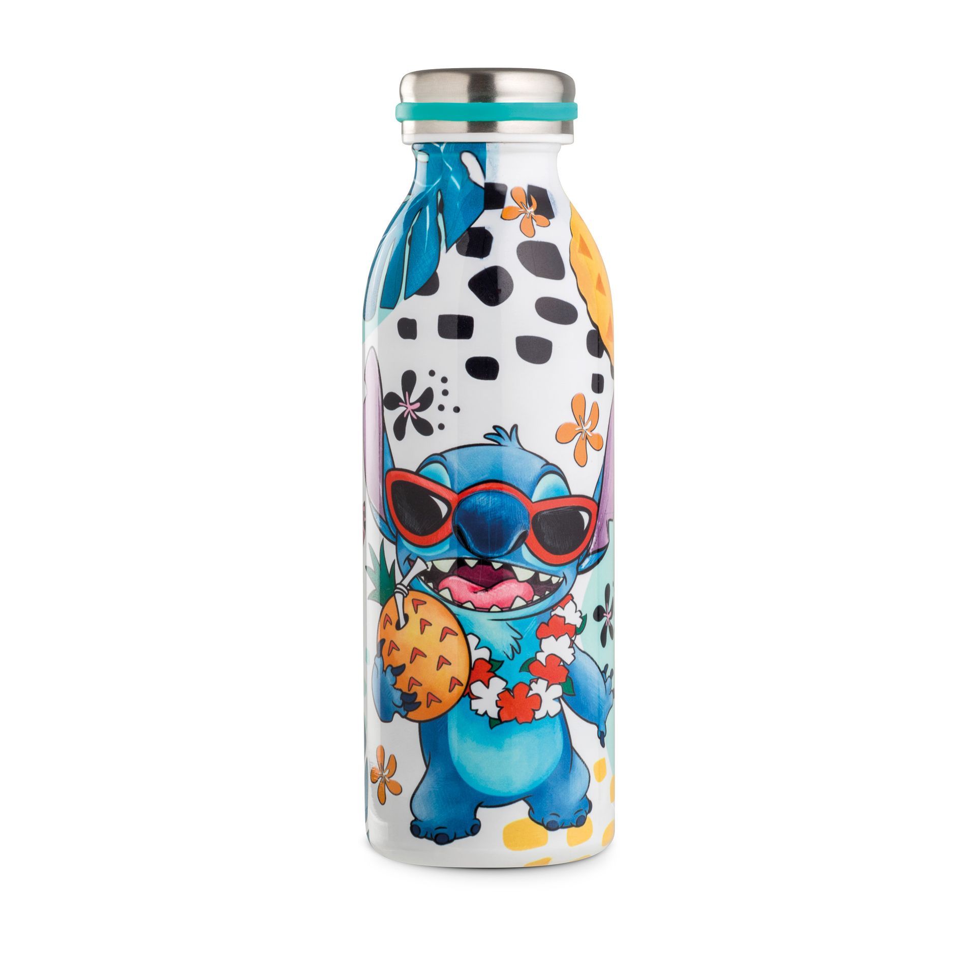 Waterfles en verpakking met een afbeelding van Stitch met een zonnebril, omringd door bloemen- en abstracte patronen.