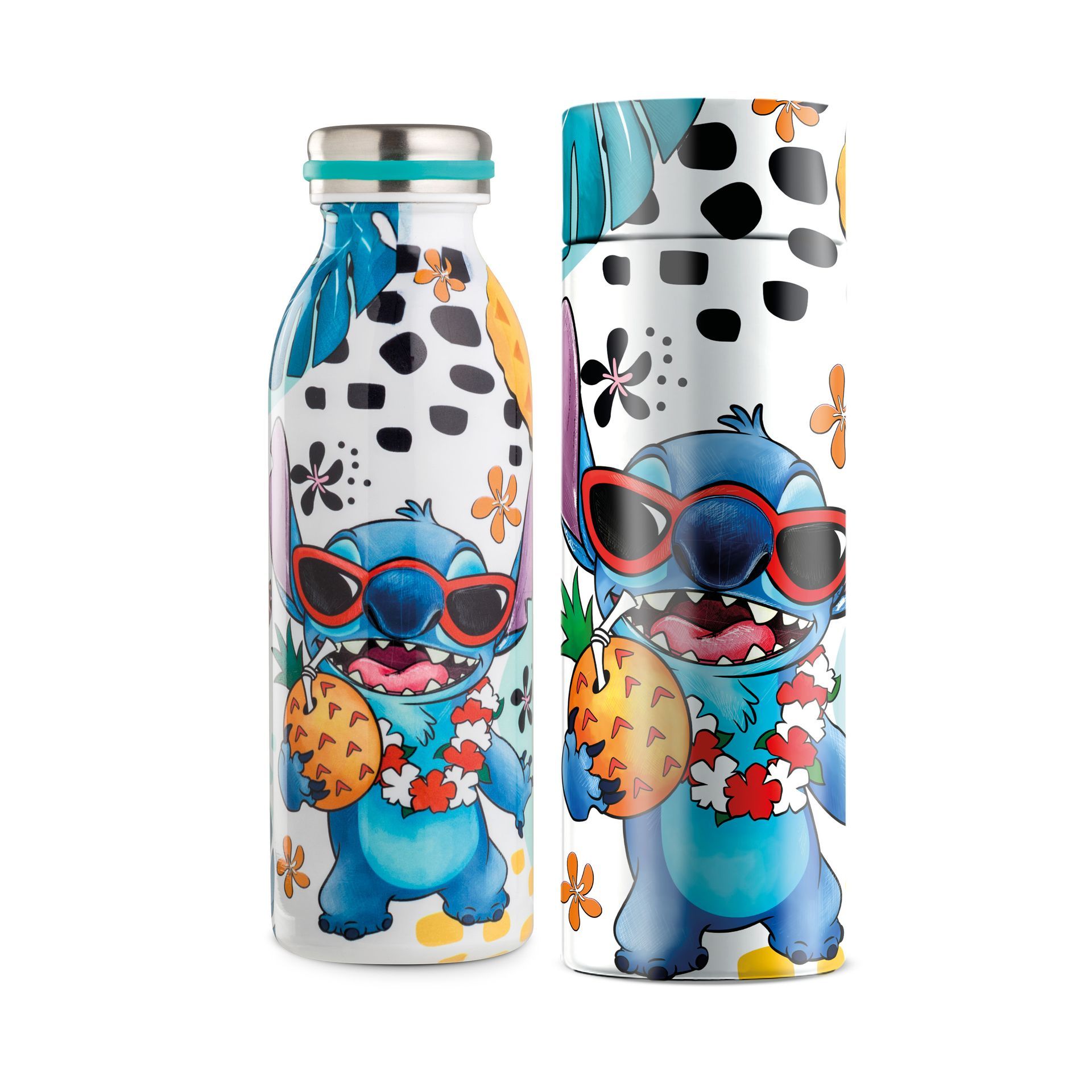 Waterfles en verpakking met een afbeelding van Stitch met een zonnebril, omringd door bloemen- en abstracte patronen.