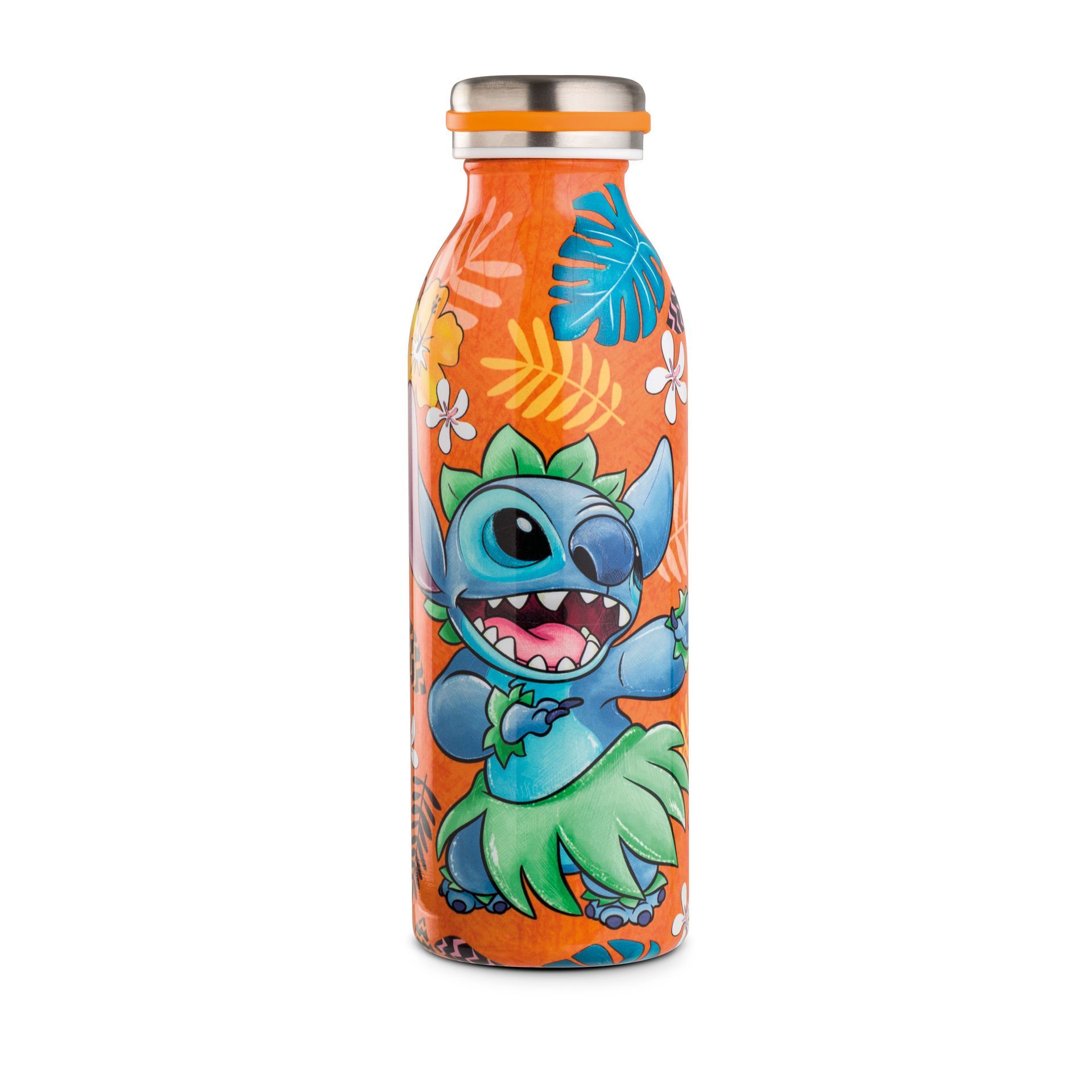 Een waterfles met een bijpassende cilinder. Oranje achtergrond, een Stitch-ontwerp met een groene grasrok.