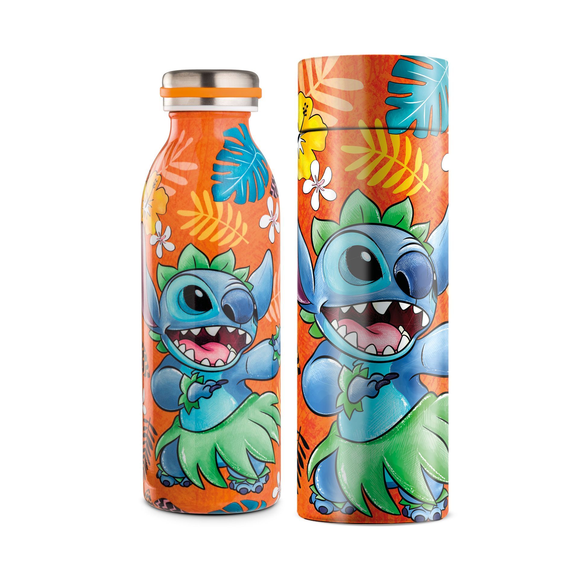Een waterfles met een bijpassende cilinder. Oranje achtergrond, een Stitch-ontwerp met een groene grasrok.