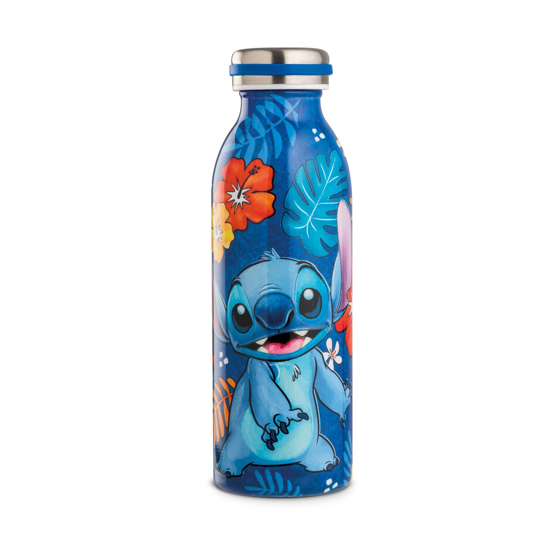 Waterfles en cilindervormige doos met Stitch-motief, blauw bloemenpatroon en Stitch-illustratie.