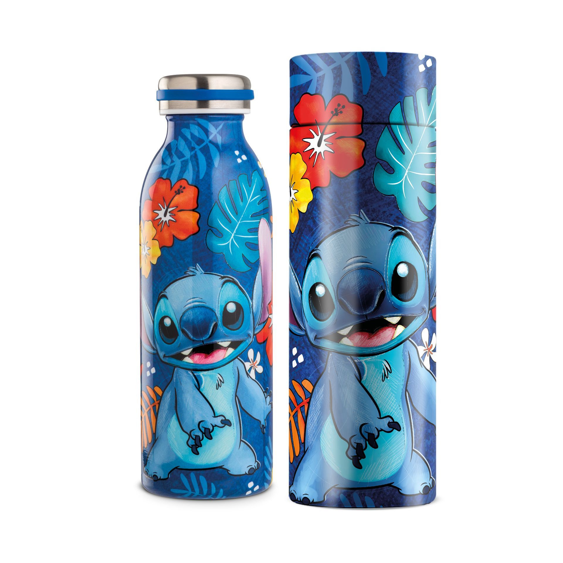 Waterfles en cilindervormige doos met Stitch-motief, blauw bloemenpatroon en Stitch-illustratie.