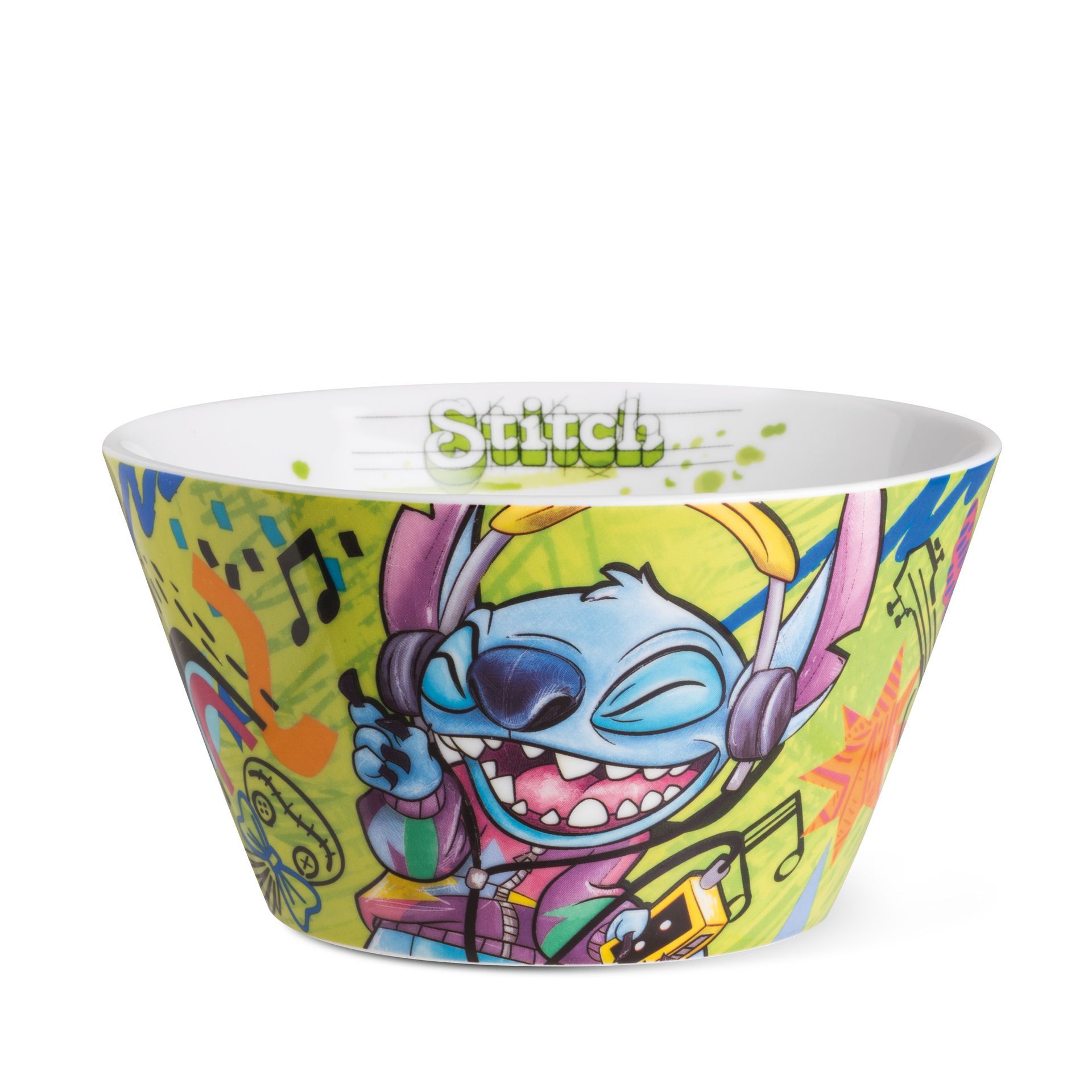 Een kom met Stitch en een afbeelding van Stitch met een koptelefoon op, in graffitistijl, in de kleuren groen, geel en blauw.