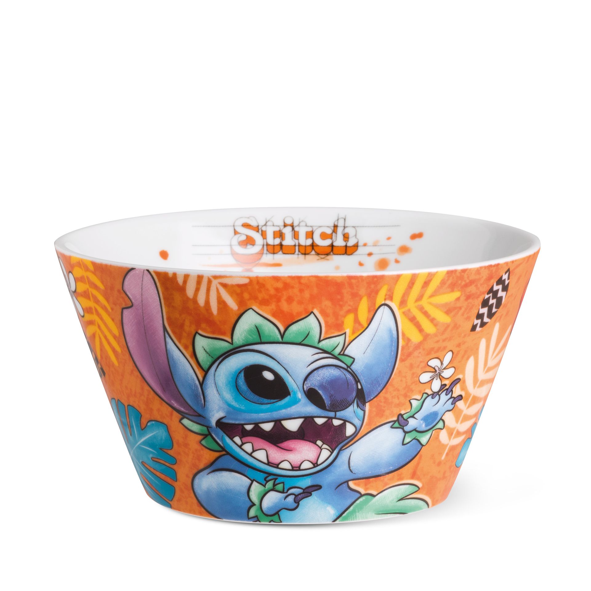Kom van Stitch met een oranje tropisch design, een illustratie van Stitch en de tekst